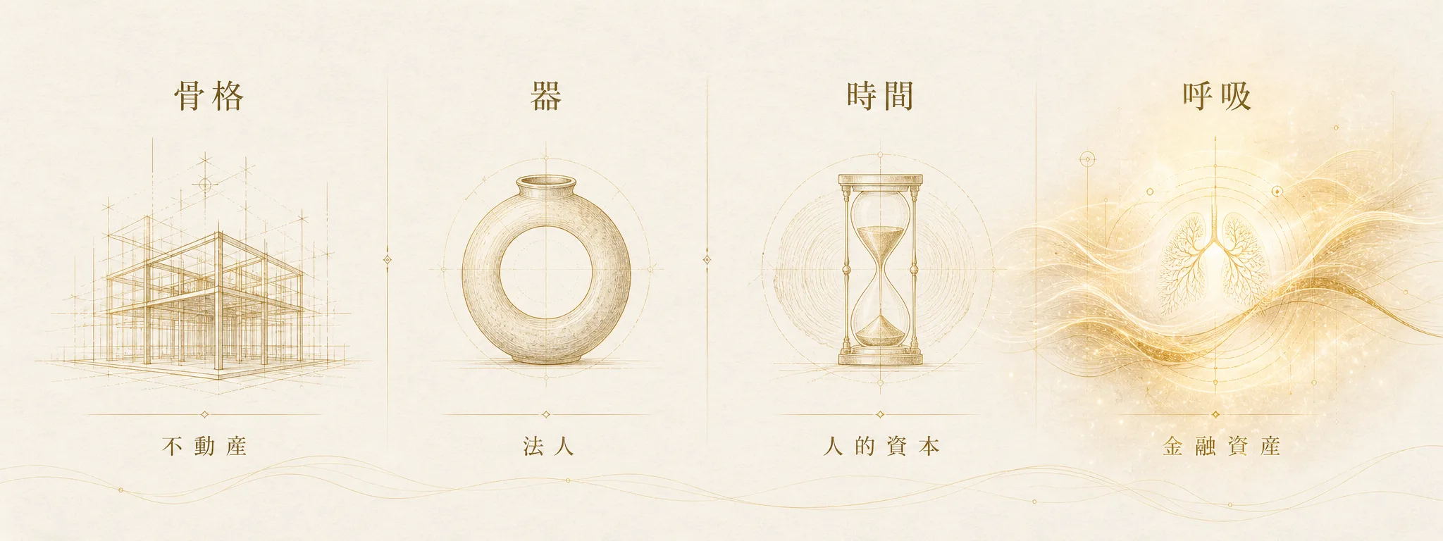 家族資産の四要素：骨格（不動産）／器（法人）／時間（人的資本）／呼吸（金融資産）