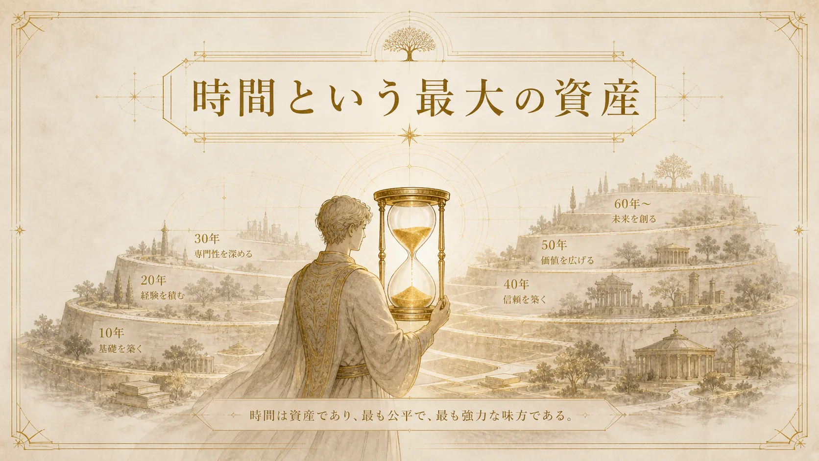 人的資本 — 時間という最大の資産。砂時計を持つ人物のシルエットと、年の層が積み重なる風景