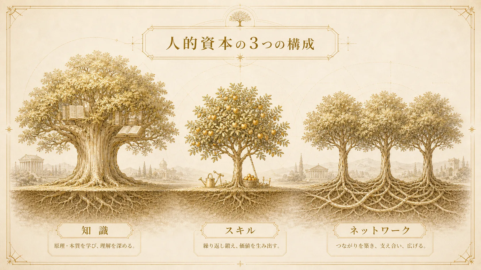 3本の樹 — 知識(古い大樹) / スキル(果樹) / ネットワーク(根が絡み合う複数の樹)