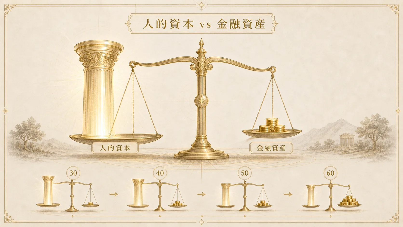 35歳の天秤 — 左に巨大な時間の柱(人的資本)、右に小さな金貨の山(金融資産)