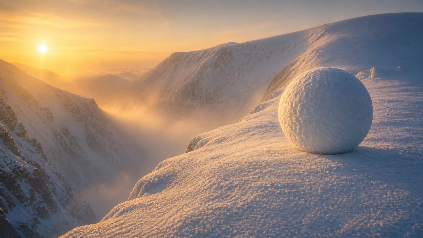 崖の縁で静止する大きな雪玉。背景に深い谷と夕日。守りの設計が雪玉を支える