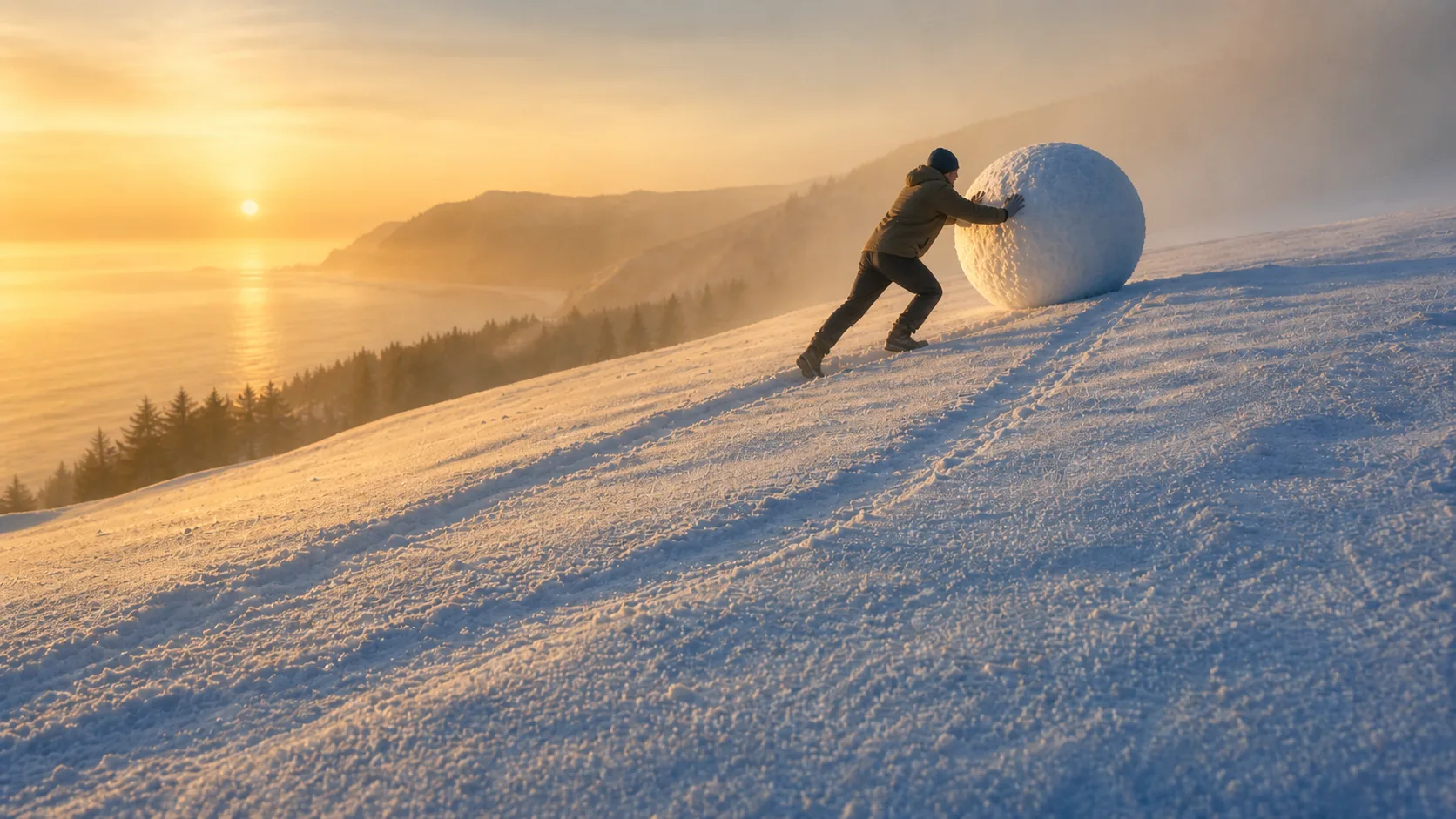 夕日の差す坂で、人物が自分の手で大きな雪玉を押している。雪玉を動かすのは本人